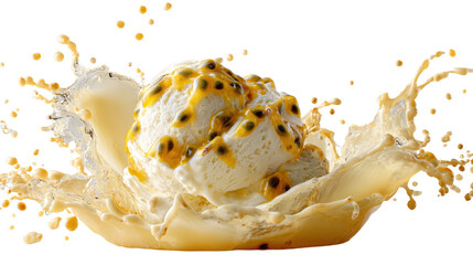 Delicious ice cream scoop splashing in passion fruit sauce on a white background.
