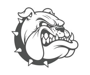 Aggressive Bulldog Mascot Head with Spiked Collar in Black and White