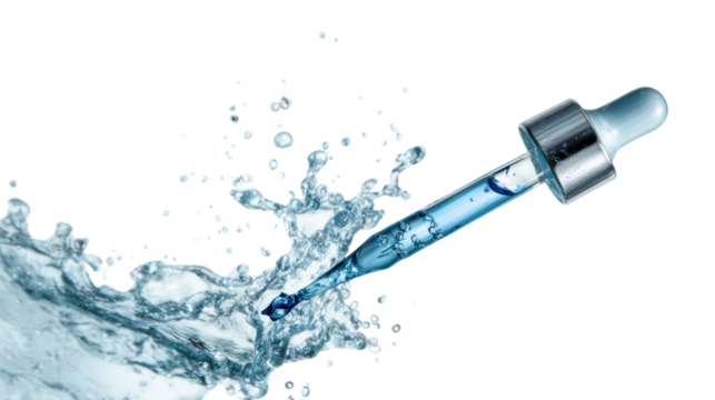 Dropper filled with blue liquid splashing into clear water, dynamic and refreshing action.