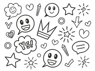 Line art shows floating outlined icons, including happy faces, stars, hearts, and crown
