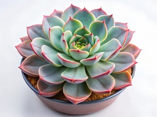 Fototapeta premium A vibrant echeveria succulent in a brown pot is isolated on a white background