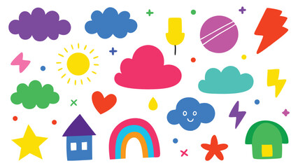 Obraz premium Colorful hand drawn shapes, including clouds, houses, stars, and rainbows, scattered on a white background