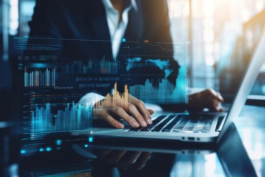 Financial data processing through advanced analytics in a modern office setting with digital interfaces, financial data processing over diverse business people in office