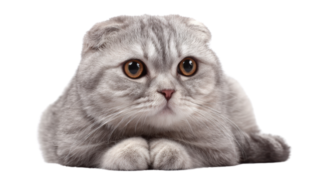 Gray Scottish Fold cat lying down on a white isolated background.