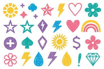 Colorful doodle art reveals diverse geometric and nature symbols with a playful, vibrant charm