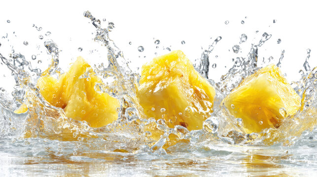 Juicy pineapple chunks splashing in fresh water, perfect for refreshing summer drinks.