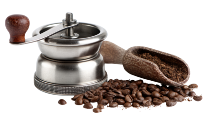Manual coffee grinder with coffee beans and ground coffee on a white isolated background.