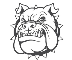 Aggressive Bulldog Head with Spiked Collar Black and White Illustration