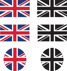 Collection of union jack flags in rectangular and circular shapes in color and black and white