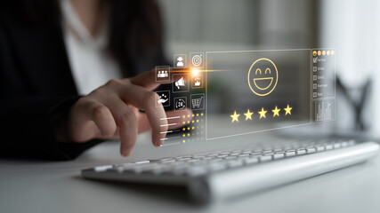 Customer feedback and satisfaction rating system showing star review, happy face, performance...