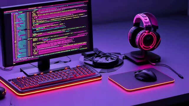Vibrant isometric software development workspace with coding and gaming elements at night, Software development and coding concept Isometric 3D render