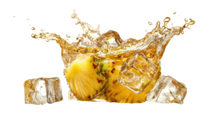 Refreshing drink splash with pineapple and ice on a white isolated background.