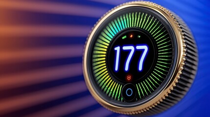Naklejka premium Circular Digital Display Showing 177 with Gold Rim and Gradient Background