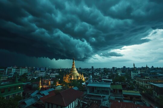 Clouds sweep over Yangon city, revealing stunning cityscape and iconic pagoda, Time lapse of clouds moving over the city of Yangon Myanmar