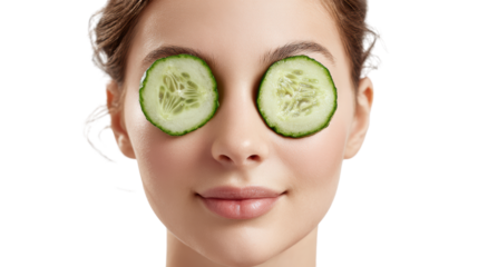 Relaxed woman with cucumber slices on eyes, enjoying a spa treatment, white isolated background.
