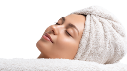 Relaxed woman with towel on her head, enjoying a spa treatment, peaceful expression, white isolate background.