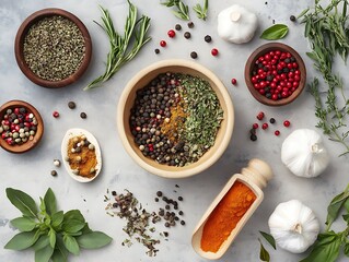A vibrant assortment of spices and fresh herbs for culinary delights