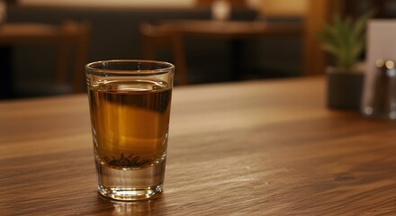 Aquavit caraway spirit chilled in shot glass on a restaurant table
