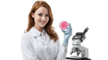 Scientist in lab coat holds petri dish with microbes by microscope, isolated on white background.