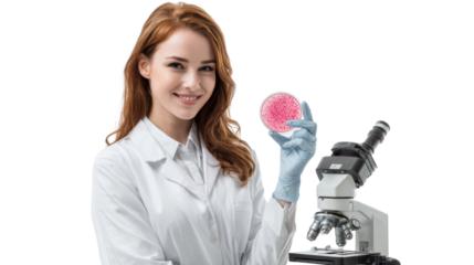 Scientist in lab coat holds petri dish with microbes by microscope, isolated on white background.