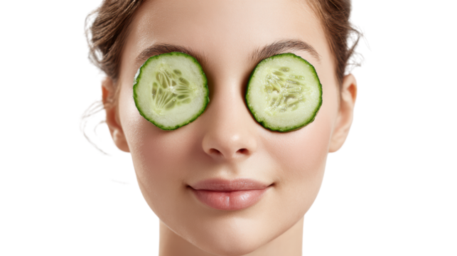Relaxed woman with cucumber slices on eyes, enjoying a spa treatment, white isolated background.