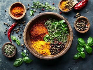 A vibrant assortment of spices and herbs arranged on a dark textured surface