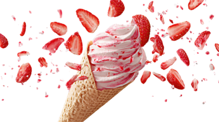 Strawberry ice cream cone with fresh strawberry slices, white isolated background.