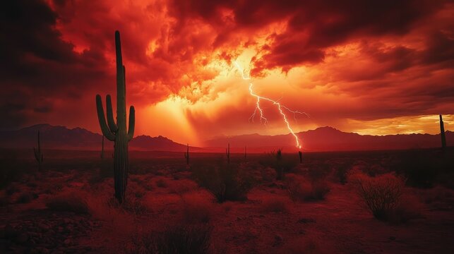 Stunning sunset in the desert with lightning striking the sky and a saguaro cactus silhouetted in the foreground.