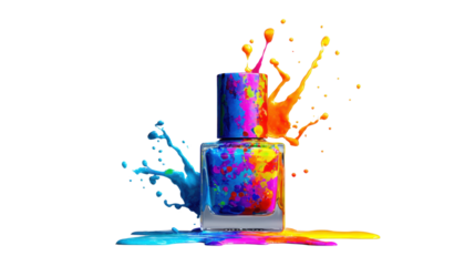 Vibrant nail polish bottle with colorful splashes isolated on a black background.