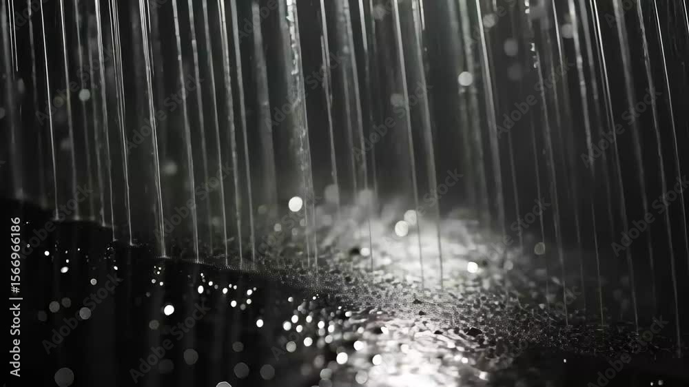 Poster raindrops cascade in a dark environment, creating a shimmering effect on the surface below, rain dro