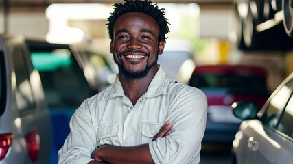 Smiling salesman confidently engages customers at a bustling car dealership, Portrait of smiling salesman working in car dealership