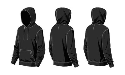 Modern vector illustration of a blank black hoodie sweatshirt long sleeve template sweatshirt long sleeve, hoody for design mockup for print, easily editable and scalable.