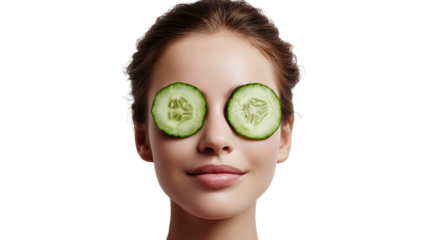 Young woman relaxing with cucumber slices on her eyes, perfect for spa and wellness themes.