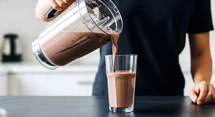 Pouring a Chocolate Protein Shake from Blender for a Healthy Fitness Meal
