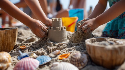 A child and adult parent working together to build a sandcastle at the beach, hands covered in wet sand, with buckets, shovels, and seashell decorations scattered around on a bright summer day.