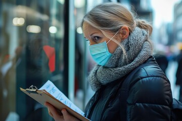 Vaccine researcher takes notes during study in busy urban area while wearing a face mask, vaccine researcher taking notes on the clipboard