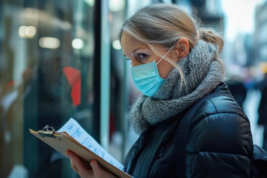 Vaccine researcher takes notes during study in busy urban area while wearing a face mask, vaccine researcher taking notes on the clipboard