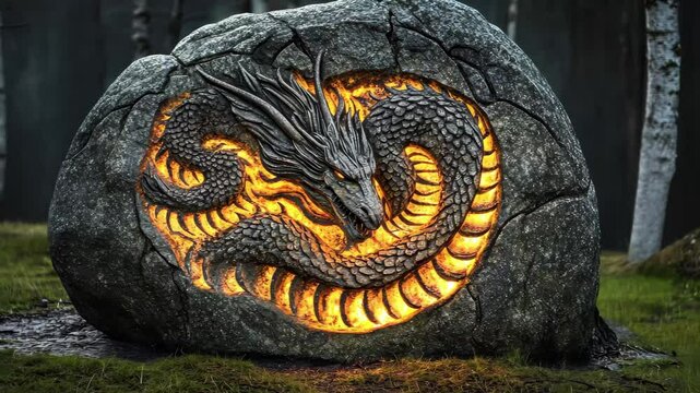 Norse dragon stone carving illuminated by fire in a forest setting at dusk, Norse Dragon Stone Carving Illuminated With Fire