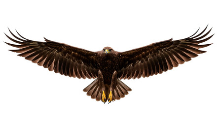 Fototapeta premium A stunning golden eagle in full flight, its wings spread wide against a dark backdrop.