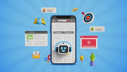 AI-Driven workflow, automated marketing campaigns, business process automation. Data management, analytics, KPI, digital promotion. 3D mobile with smart bot assistant and marketing automation icons