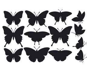 Collection of Butterfly Silhouettes in Various Shapes and Poses on a White Background