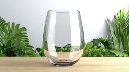 Clear Glass on Wooden Surface with Tropical Leaves Background