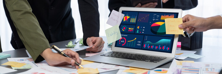 Analyst team use sticky note for creative and analytic brainstorm for business idea with BI data...