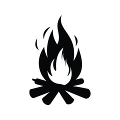 Simple black and white illustration of a campfire on a white background