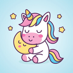 Cute unicorn hugging the moon with stars