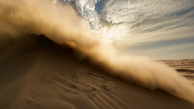 Strong winds stir up sand in Liwa desert, creating dramatic patterns at sunset, Strong wind blowing the sand in the Liwa desert in Abu Dhabi, UAE