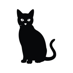 Black cat silhouette with expressive eyes sitting against a white background