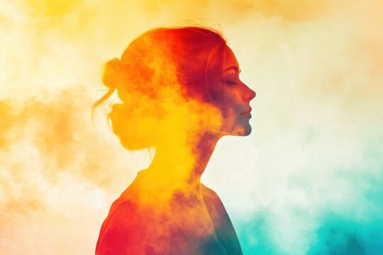 Silhouette of a woman embodying positive energy amidst vibrant colors and soft smoke, A female silhouette empowering the positive energy of mindful meditation