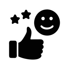 Feedback icon showing thumbs up, smiling face and stars as positive rating