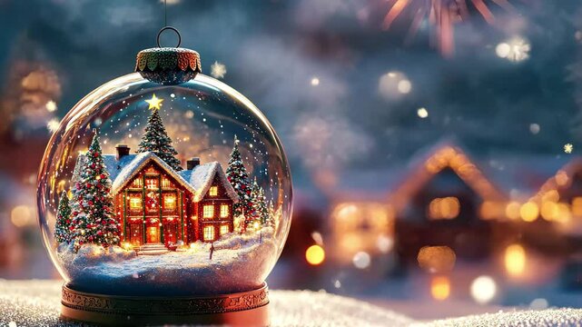 Sparkling Christmas snowglobe with a cozy house surrounded by snow and vibrant fireworks at night, Christmas snowglobe and fireworks Seamless 3D render